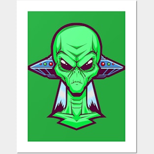 Alien Head with UFO Posters and Art